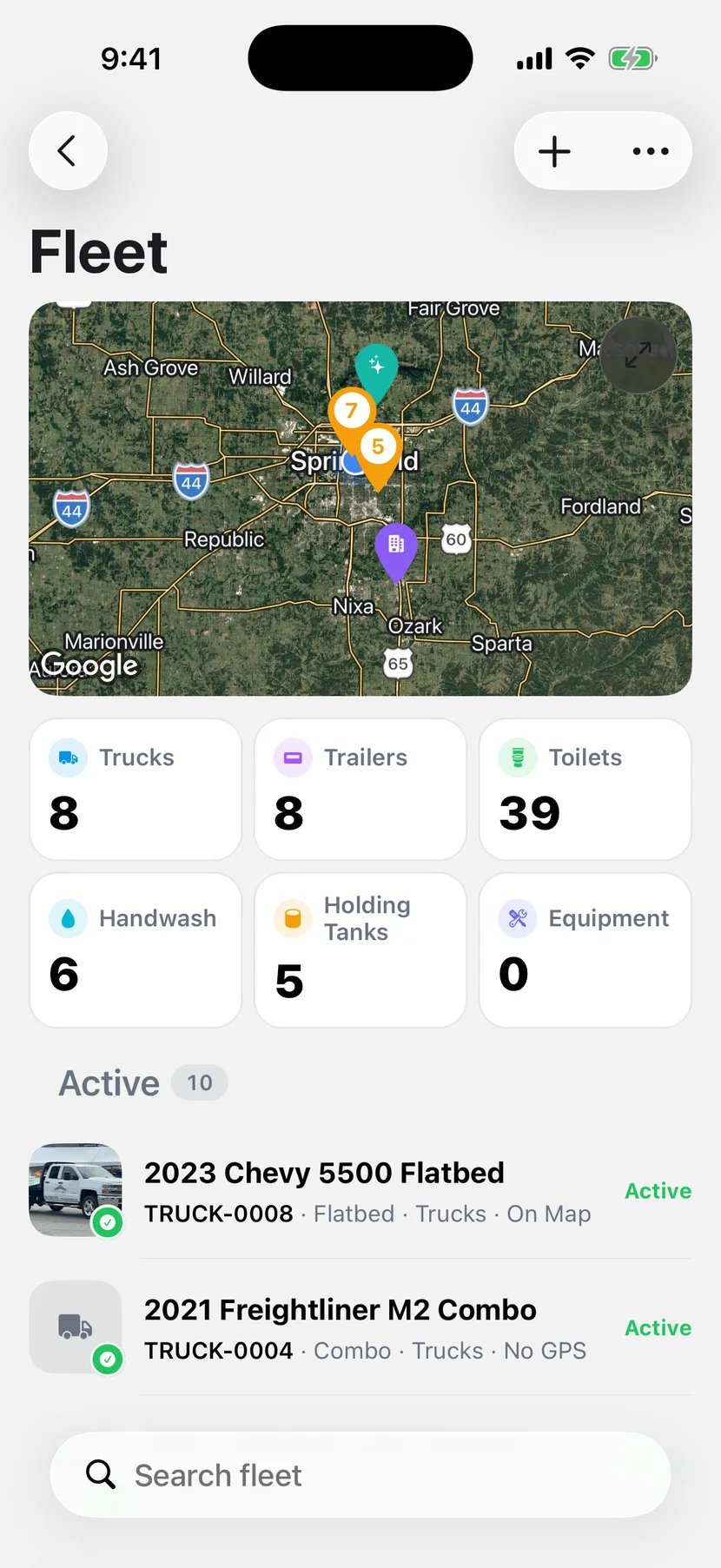Fleet and unit inventory across sites