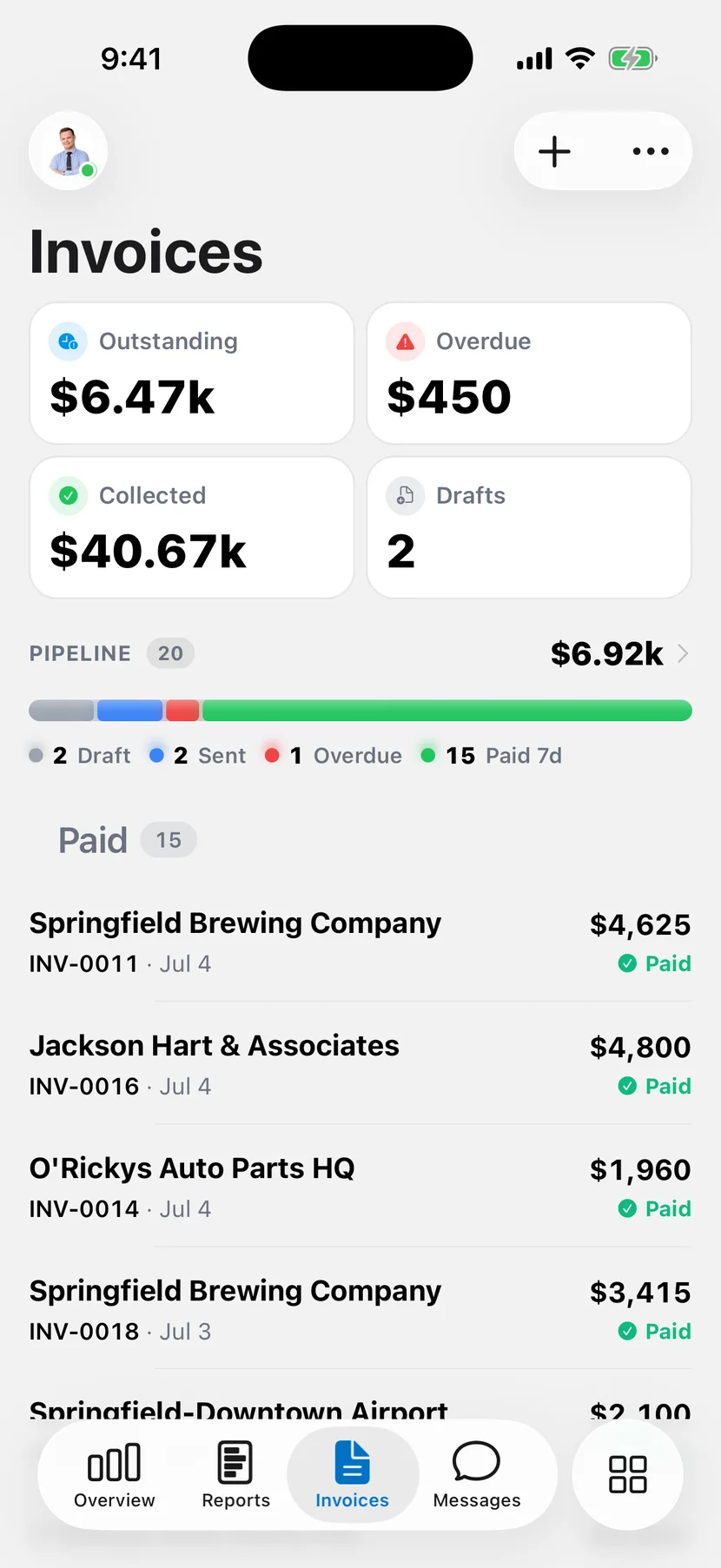DropHaul app showing customer invoices