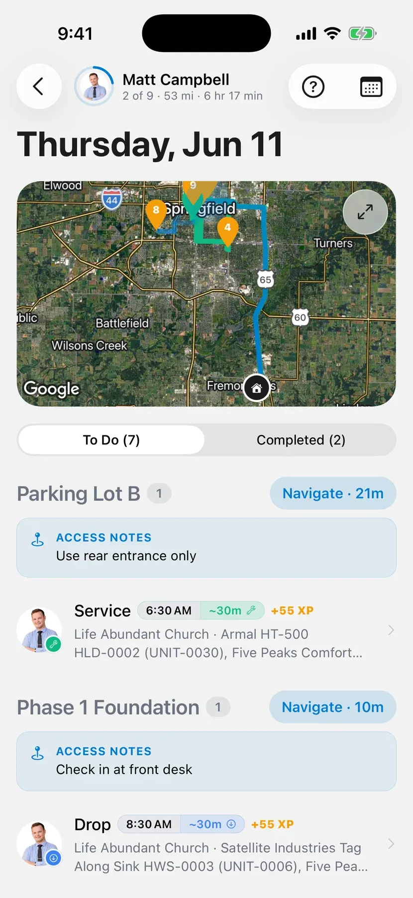 DropHaul app showing a driver's ordered route